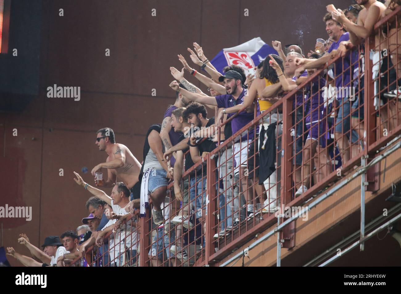 Act Fiorentina supporters during the Italian Serie A, football match between Genoa Cfc and Acf Fiorentina on 19 August 2023 at Luigi Ferraris stadium, Stock Photo