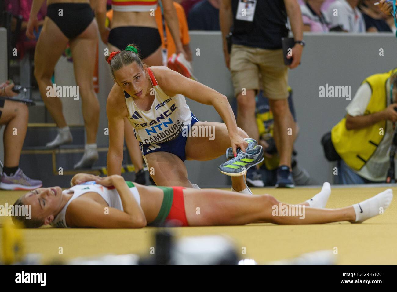 August 19, 2023: Leonie Cambours (France) with Xenia Krizsan (Hungary)  laying on the ground after the Heptathlon 200 metres competition during the  world athletics championships 2023 at the National Athletics Centre, in