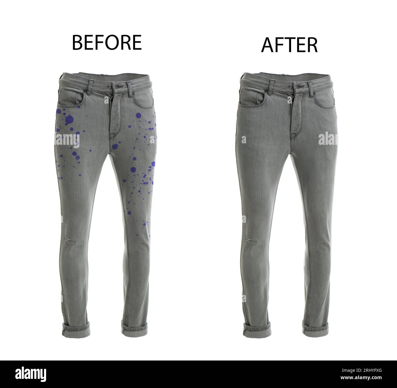 Collage with dirty and clean jeans isolated on white. Before and after