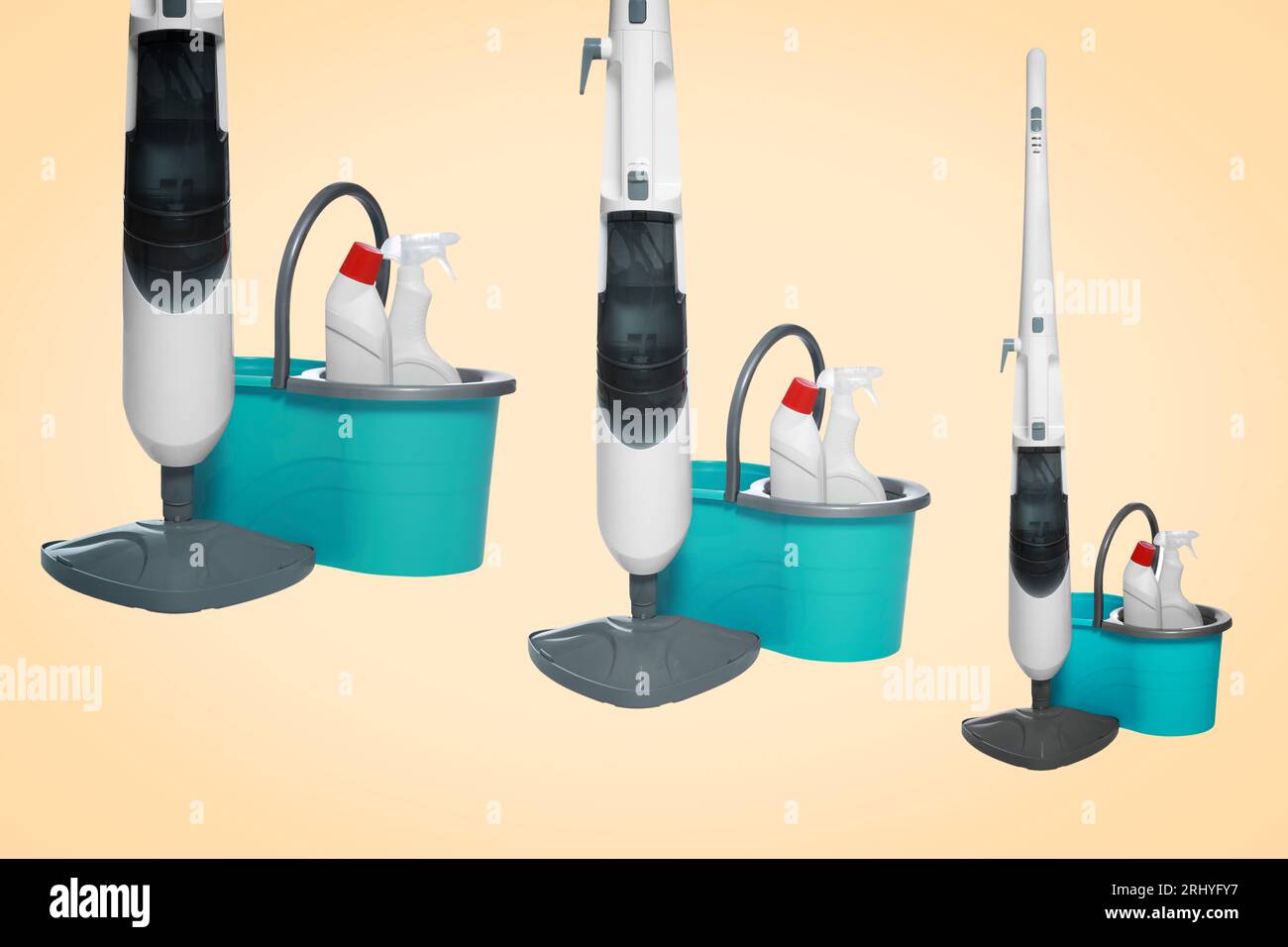 Collage of modern steam mop and bucket with detergents on beige
