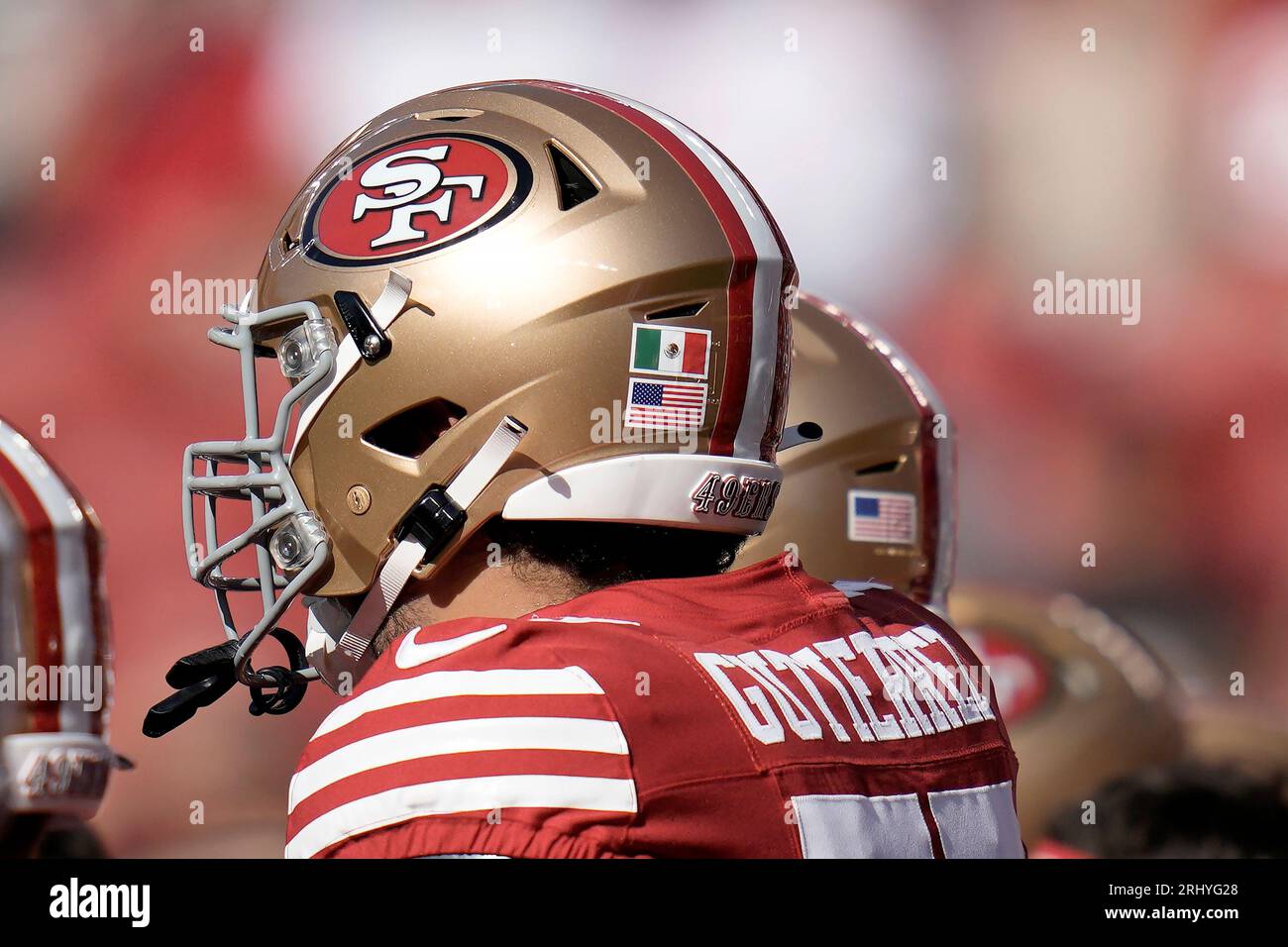 A flag of Mexico decal is shown on the helmet of San Francisco 49ers  offensive tackle Alfredo Gutierrez before an NFL preseason football game  against the Denver Broncos in Santa Clara, Calif.,