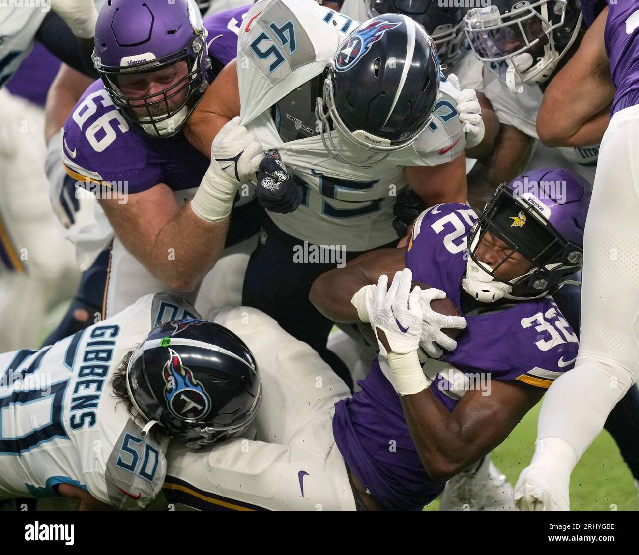 Minnesota Vikings running back Ty Chandler (32) runs with the ball during  an NFL pre-season football game against the Seattle Seahawks, Thursday,  Aug. 10, 2023 in Seattle. (AP Photo/Ben VanHouten Stock Photo 