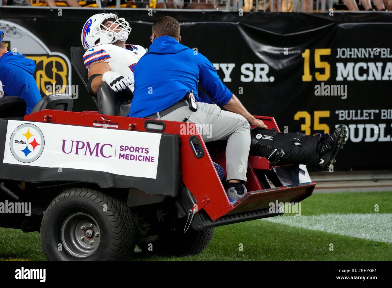 Buffalo Bills offensive tackle Tommy Doyle (72) is taken off the field