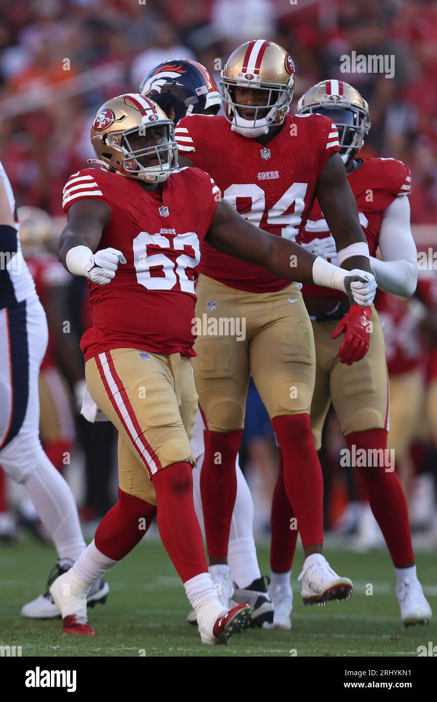 Denver Broncos quarterback Russell Wilson (3) is tackled by San Francisco  49ers defensive tackle Javon Hargrave (98) in thye first quarter at Levi's  Stadium in Santa Clara, California on Saturday, August 19