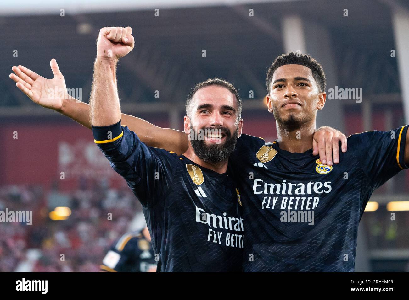 Almeria, Spain. 19th Aug, 2023. Daniel Carvajal (L) and Jude Bellingham (R) seen celebrating a goal during the LaLiga EA Sports 2023/2024 match between UD Almeria and Real Madrid at Power Horse Stadium.Final Score: UD Almeria 1:3 Real Madrid Credit: SOPA Images Limited/Alamy Live News Stock Photo