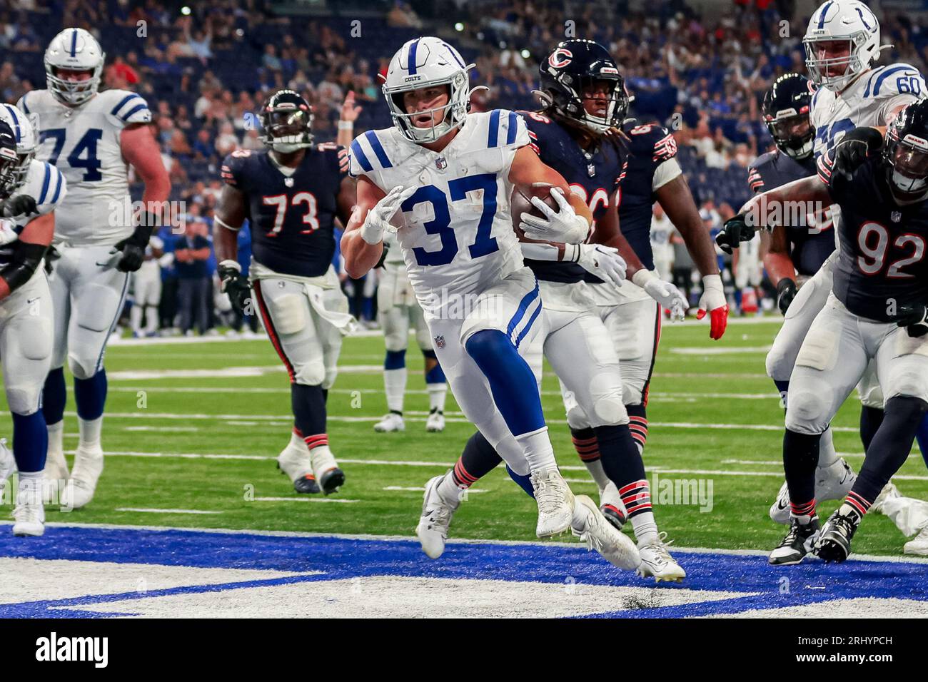 Indianapolis Colts running back Jake Funk (37) runs with the ball during  the first half an NFL preseason football game against the Buffalo Bills in  Orchard Park, N.Y., Saturday, Aug. 12, 2023. (