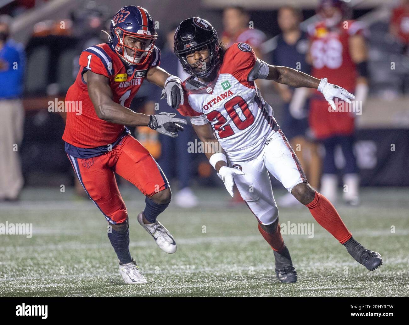 Ottawa, Canada. 19 Aug 2023.  Alonzo Addae (20) of the Ottawa Redblacks plays in regular season Canadian Football League (CFL) action between the Montreal Alouettes at the Ottawa Redblacks. The Montreal Alouettes won the game 25-24. 2023 Copyright Sean Burges / Mundo Sport Images / Alamy Live News Stock Photo