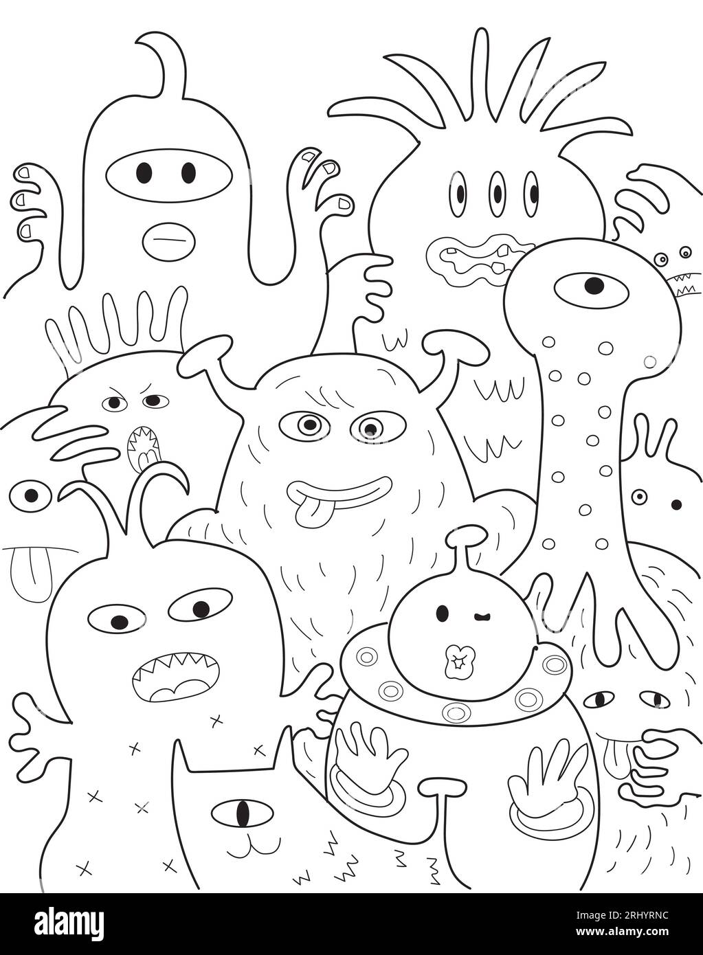 Group of cute funny alien monsters from outer space. Black and white drawing. Spooky and scary Halloween character. Stock Photo