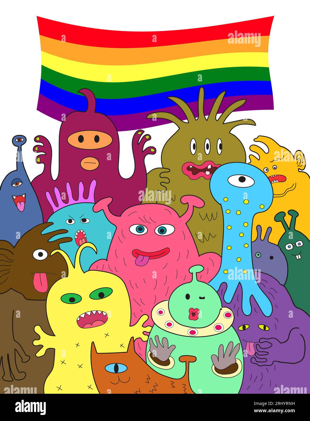 Group of cute funny alien monsters with gay pride rainbow flag celebrate Halloween holiday together. Stock Photo