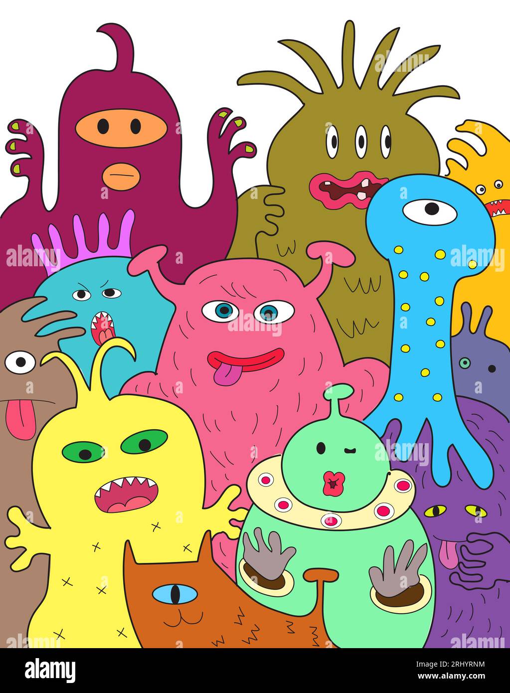 Group of cute funny alien monsters celebrate Halloween holiday together. Happy colorful characters cartoon drawing. Stock Photo