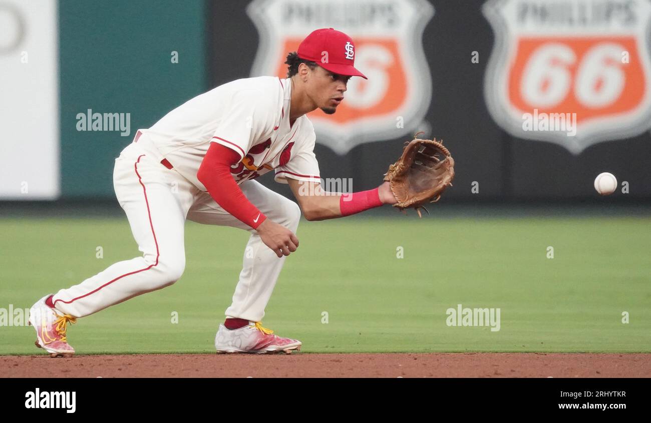 St. Louis, United States. 19th Aug, 2023. St. Louis Cardinals shortstop Masyn Winn fields the baseball off the bat of New York Mets Rafael Ortega in the fifth inning at Busch Stadium in St. Louis on Saturday, August 19, 2023. Photo by Bill Greenblatt/UPI Credit: UPI/Alamy Live News Stock Photo
