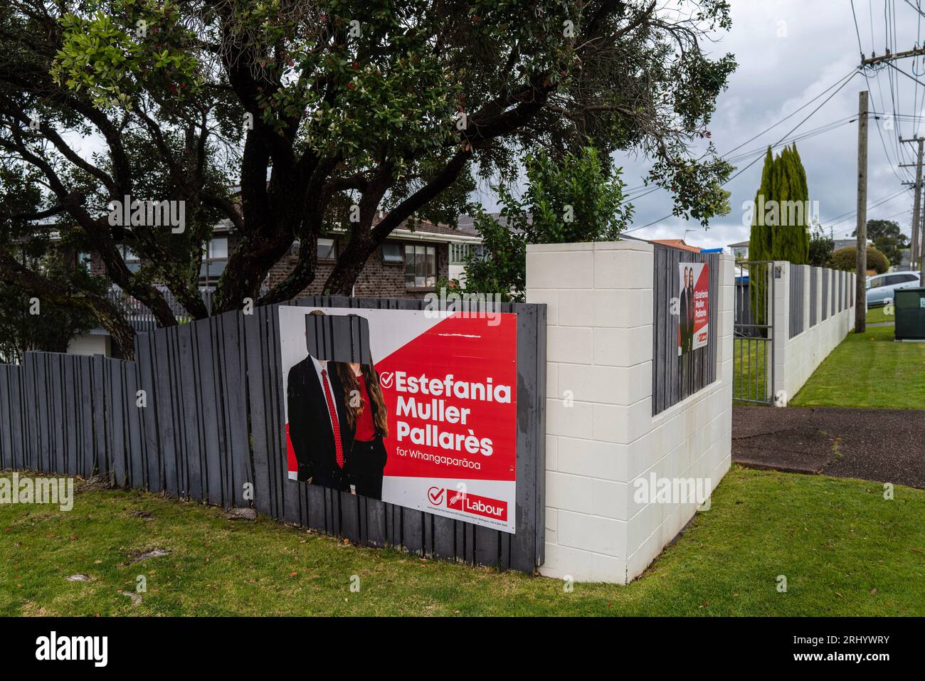 Stanmore Bay Auckland New Zealand election hoarding damage in time of political unrest picture Neville Marriner Stock Photo