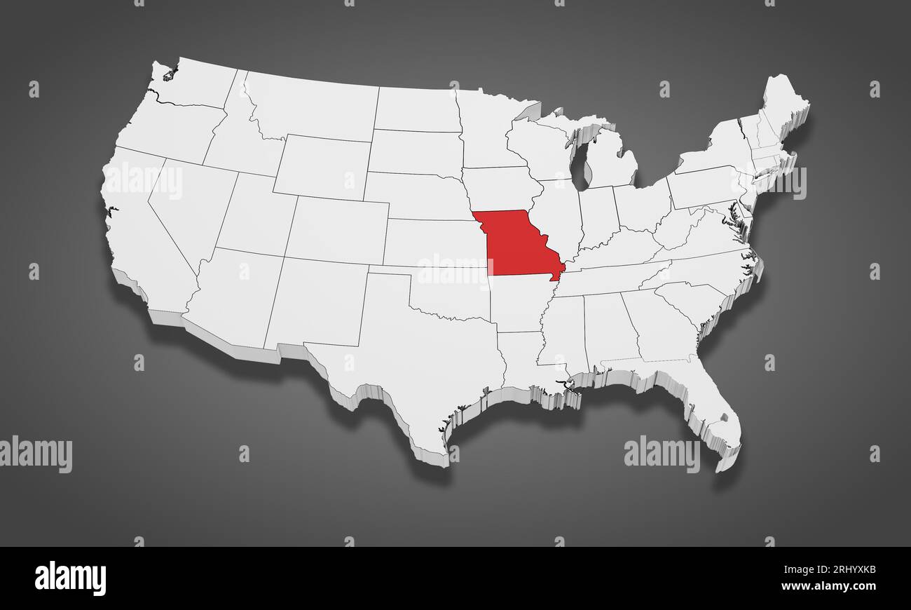 Missouri State Highlighted on the United States of America 3D map. 3D