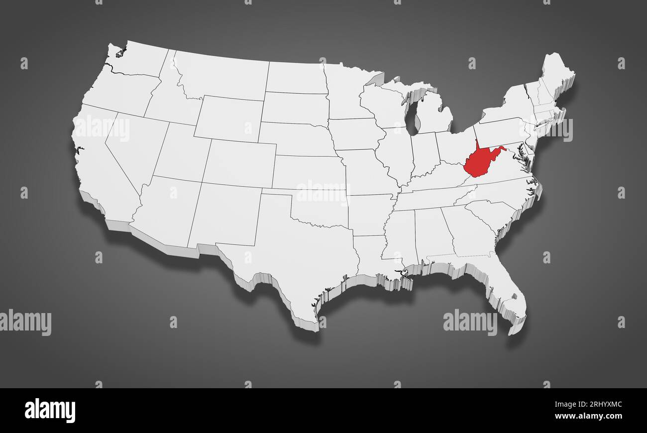 West Virginia State Highlighted On The United States Of America 3D Map West Virginia State Highlighted On The United States Of America 3d Map 3d Illustration 2RHYXMC