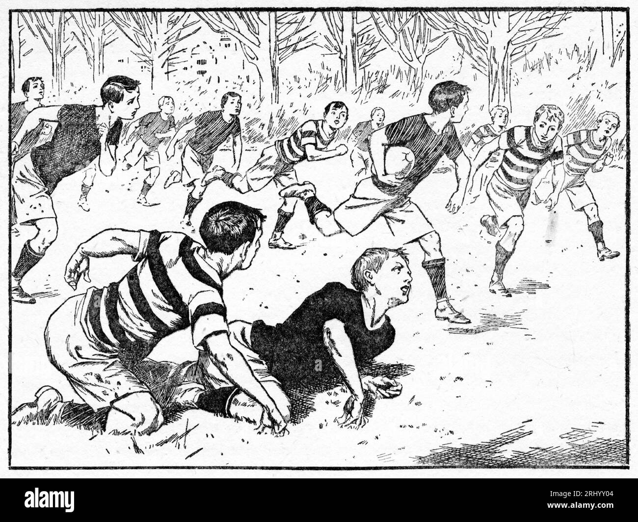 Illustration from a Boys Own magazine about boys playing rugby at the old school, circa 1910 Stock Photo