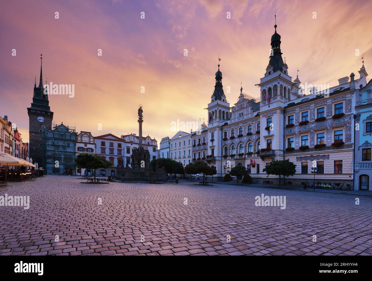 Pardubice - Czech Republic The center of the town, square at dramatic sunset Stock Photo