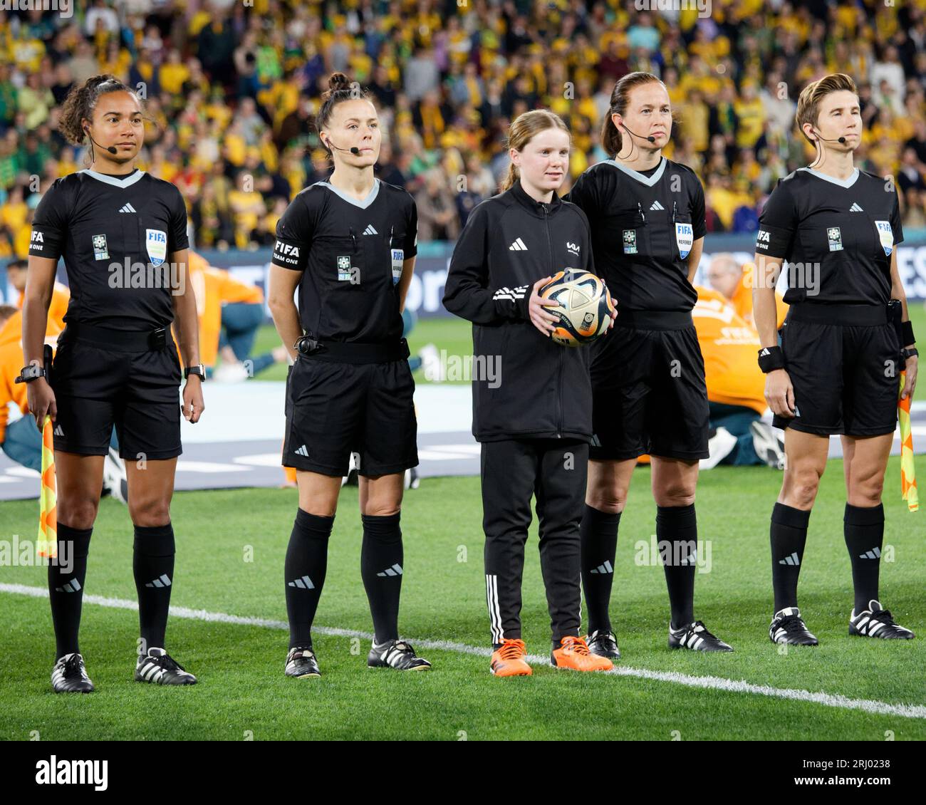 Brisbane, Australia. 19th Aug, 2023. Match referees, Franca Overtoom, Rebecca Welch, Cheryl Foster and Michelle O'Neill line up for the national anthem before the FIFA Women's World Cup Australia and New Zealand 2023 Third Place match between Sweden and Australia at Brisbane Stadium on August 19, 2023 in Brisbane, Australia Credit: IOIO IMAGES/Alamy Live News Stock Photo