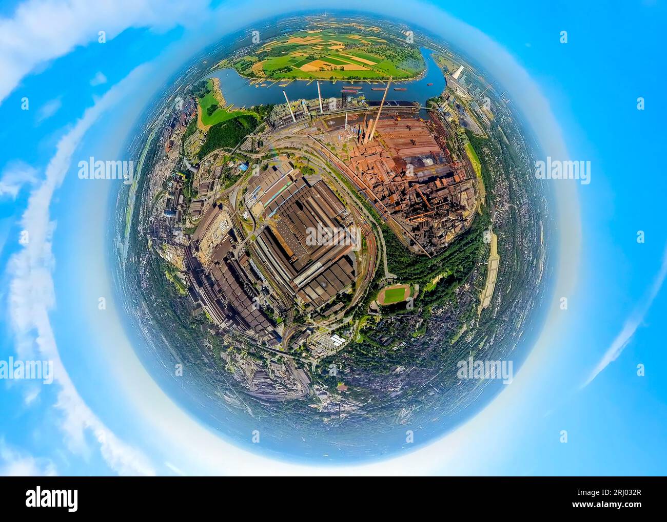 Aerial view, Thyssenkrupp Steel Europe AG, globe, fisheye shot, 360 degree shot, tiny world, Marxloh, Duisburg, Ruhr area, North Rhine-Westphalia, Ger Stock Photo