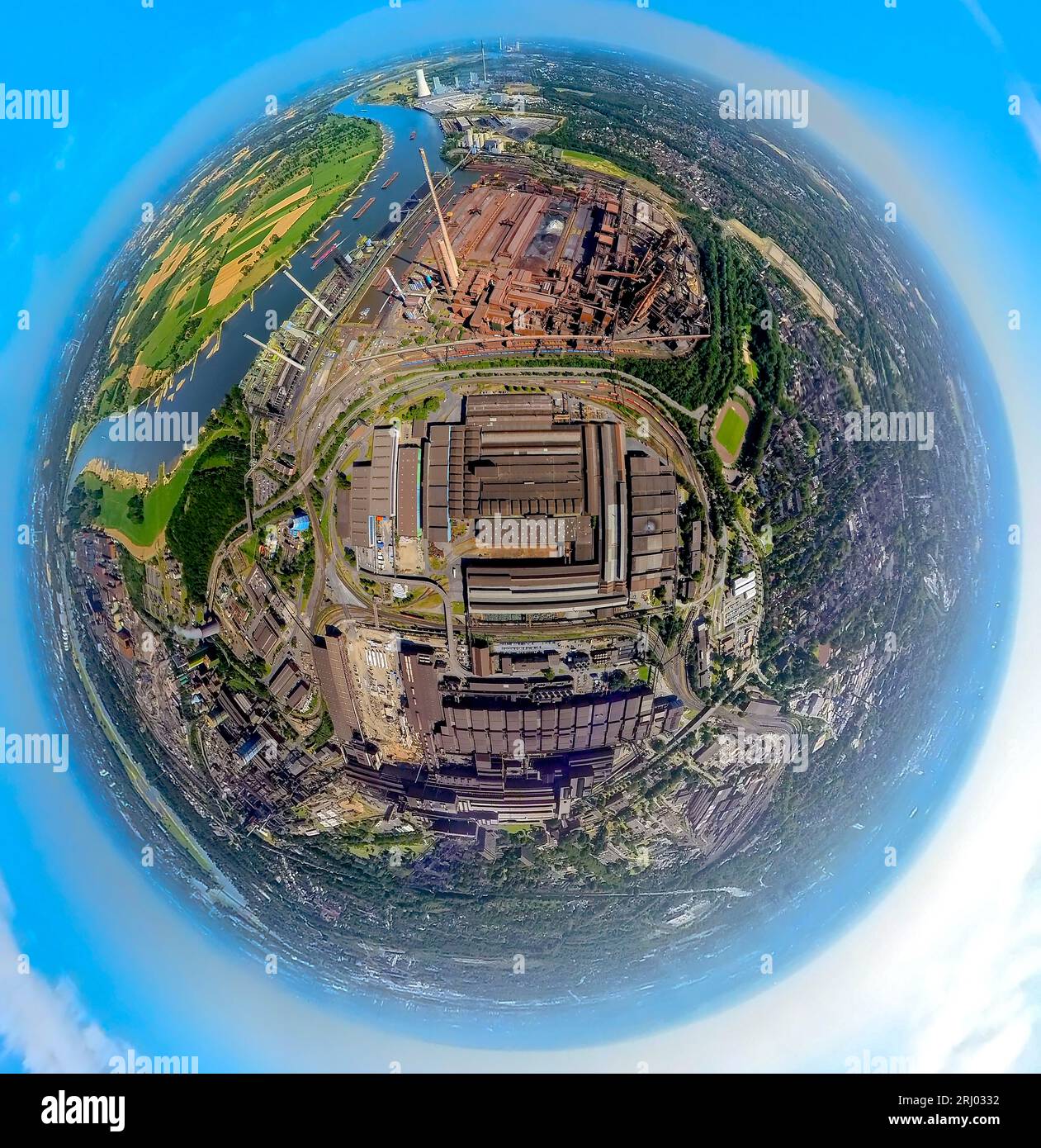 Aerial view, Thyssenkrupp Steel Europe AG, globe, fisheye shot, 360 degree shot, tiny world, Marxloh, Duisburg, Ruhr area, North Rhine-Westphalia, Ger Stock Photo