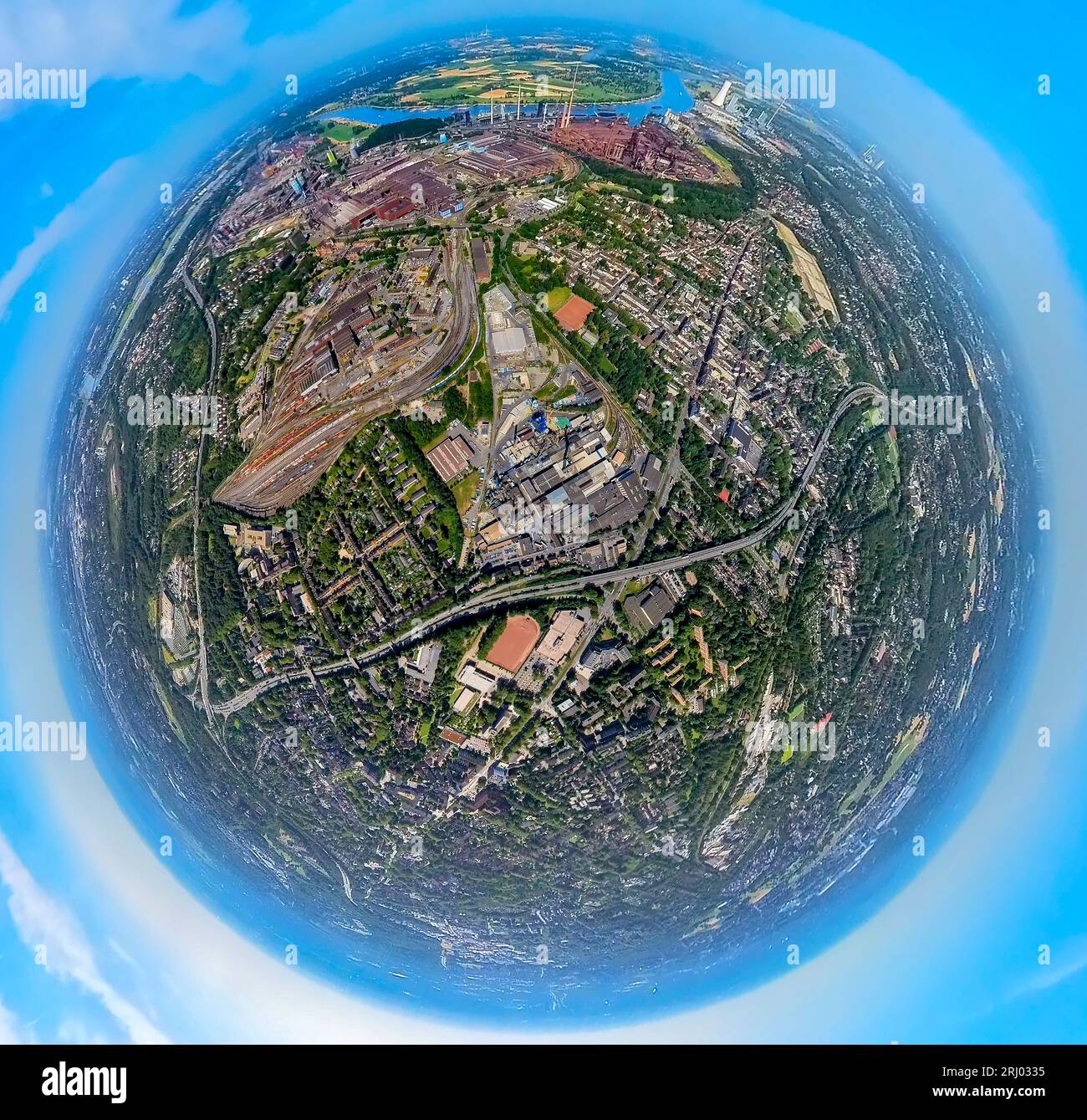 Aerial view, Thyssenkrupp Steel Europe AG, globe, fisheye shot, 360 degree shot, tiny world, Marxloh, Duisburg, Ruhr area, North Rhine-Westphalia, Ger Stock Photo