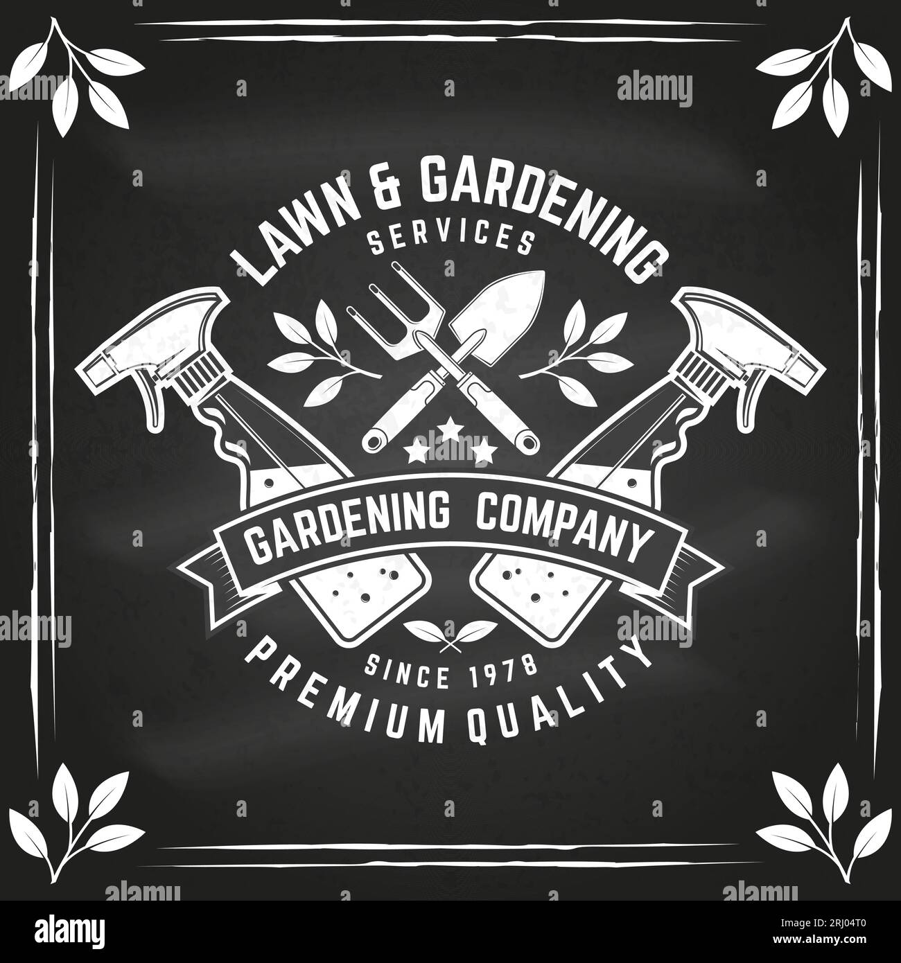 Lawn and Gardening services emblem, label, badge, logo on chalkboard. Vector illustration. For sign, patch, shirt design with hand garden trowel Stock Vector
