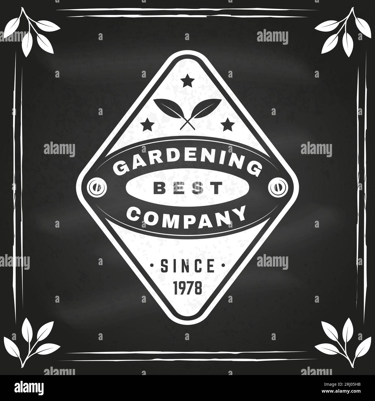 Gardening company emblem, label, badge, logo on chalkboard. Vector illustration. For sign, patch, shirt design with garden seedlings silhouette Stock Vector