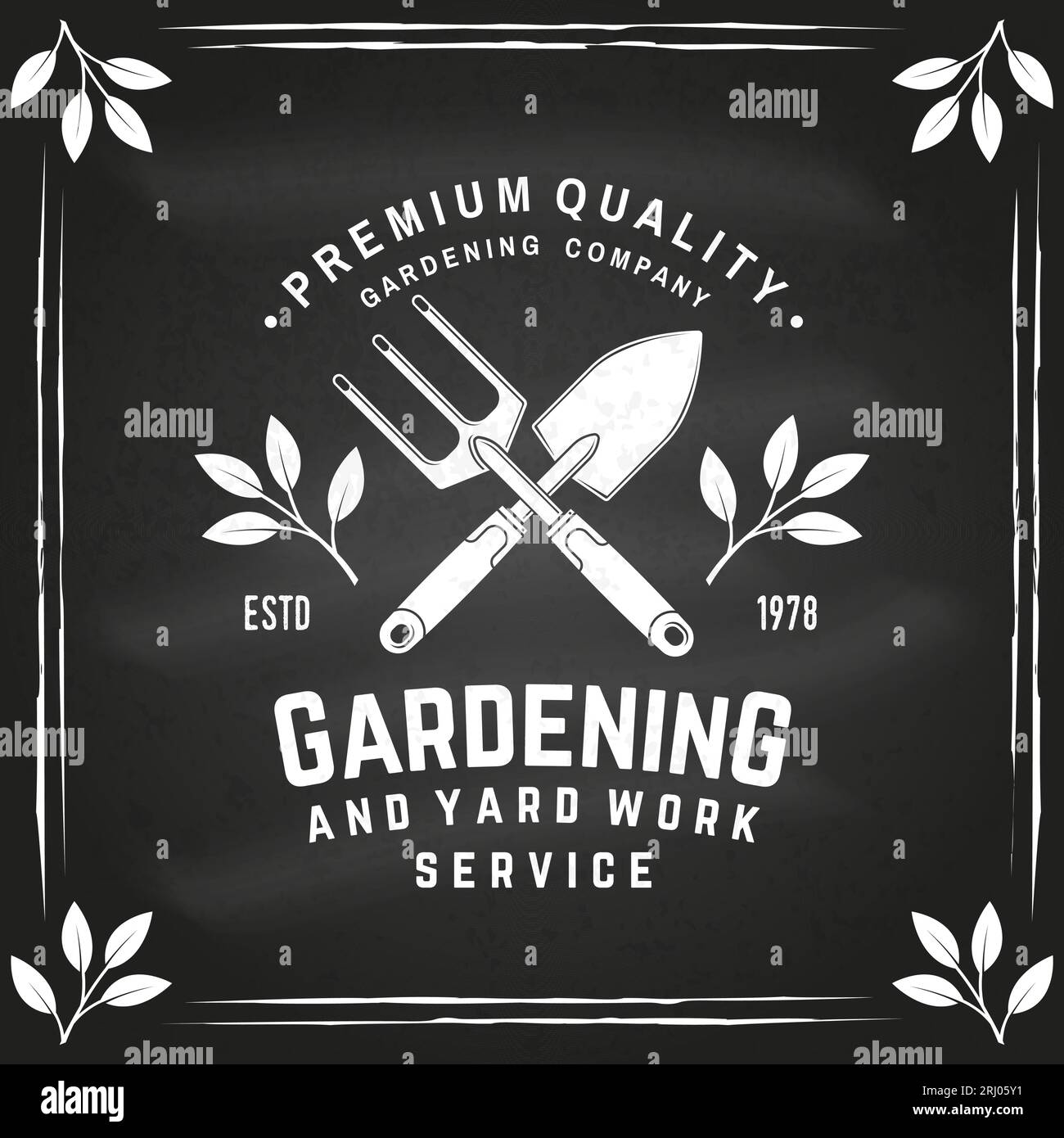 Gardening and yard work services emblem, label, badge, logo on chalkboard. Vector illustration. For sign, patch, shirt design with hand garden trowel Stock Vector