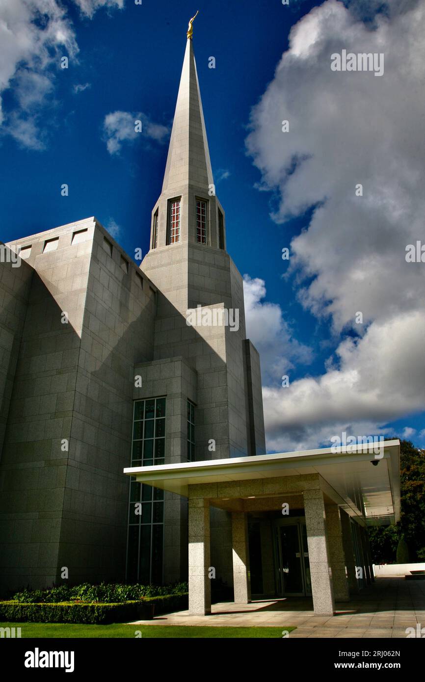 A close up view of the Preston England Mormon Temple in Chorley, Lancashire, U.K. Stock Photo