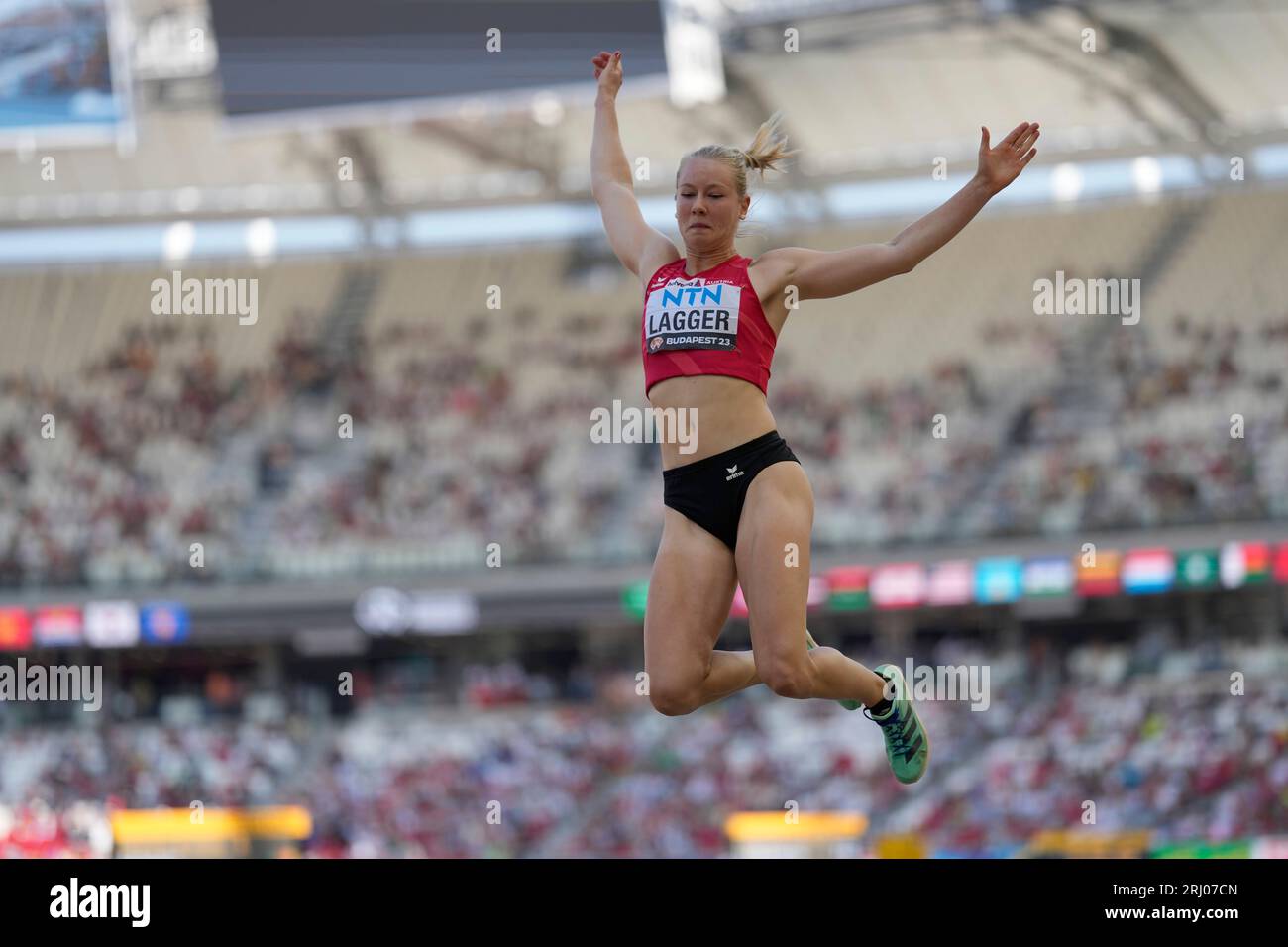 Sarah Lagger, of Austria, competes in the Heptathlon- Long Jump during ...