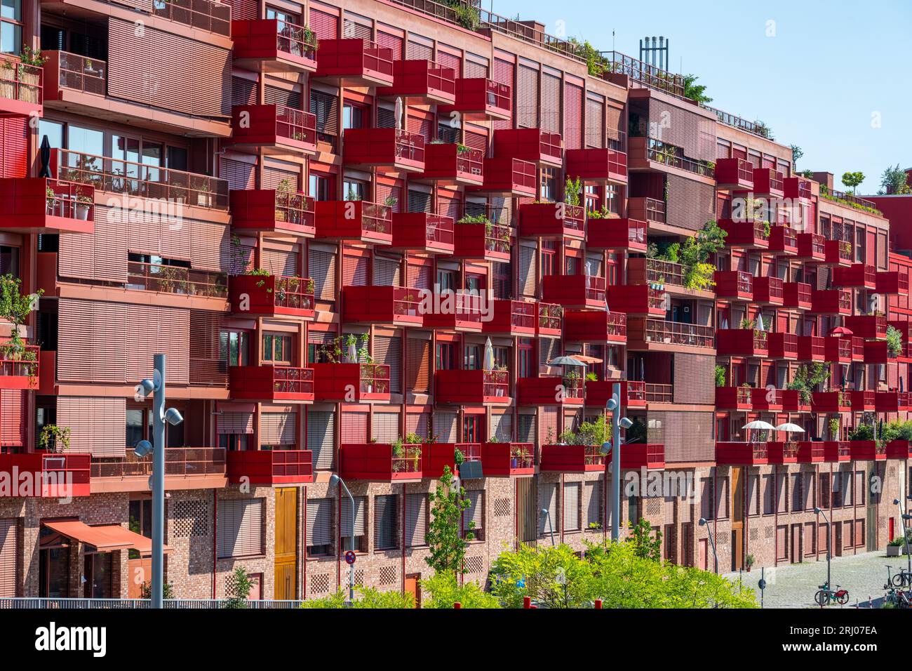 Red residential building seen in Berlin, Germany Stock Photo