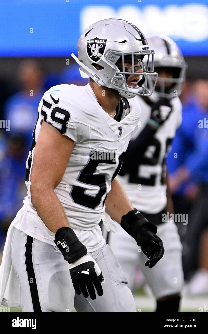 Las Vegas Raiders linebacker Luke Masterson (59) lines up against the ...