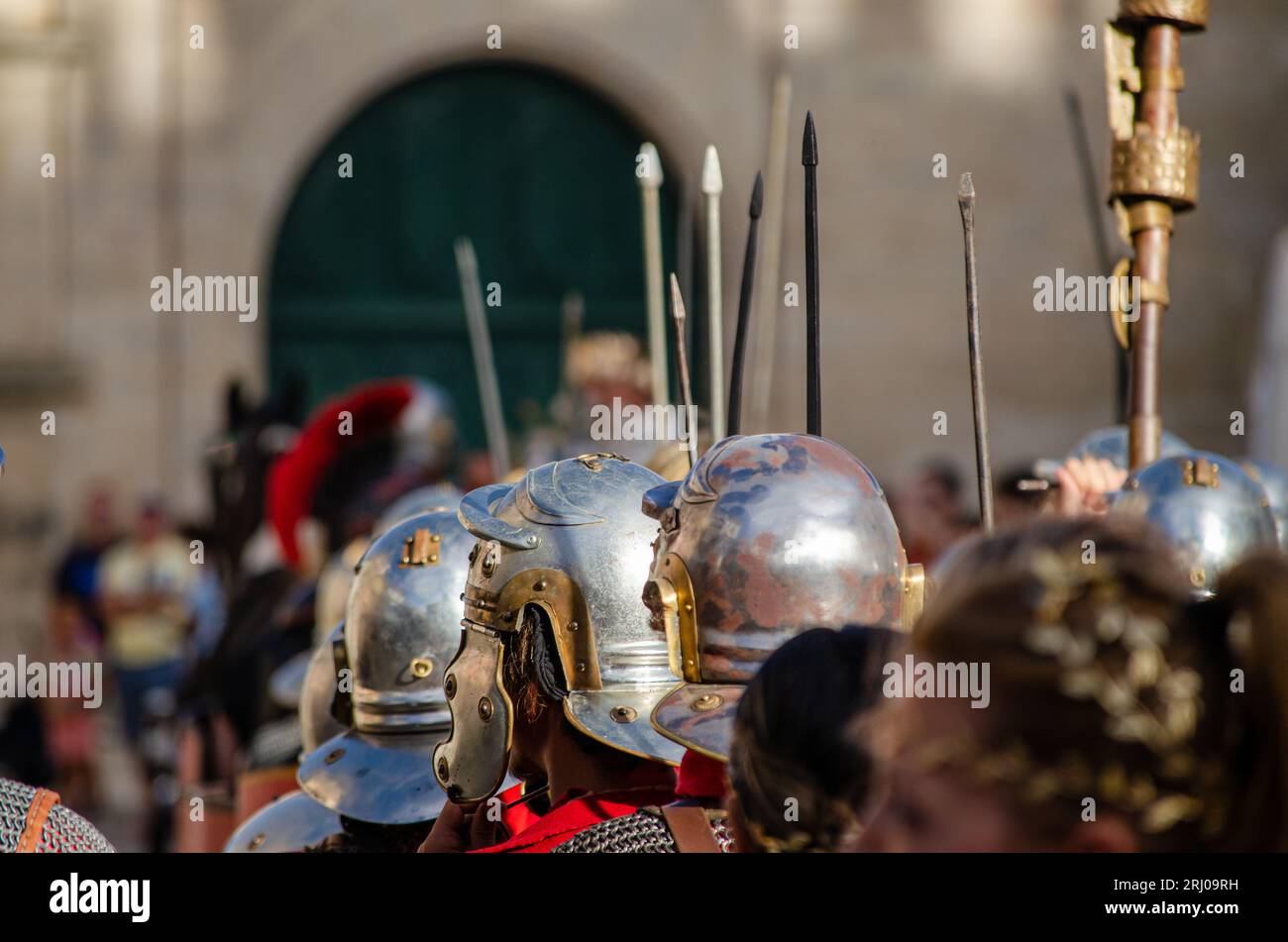 Roman Soliers Reed selective focus, roman soldiers in a historical reenactment. People ...