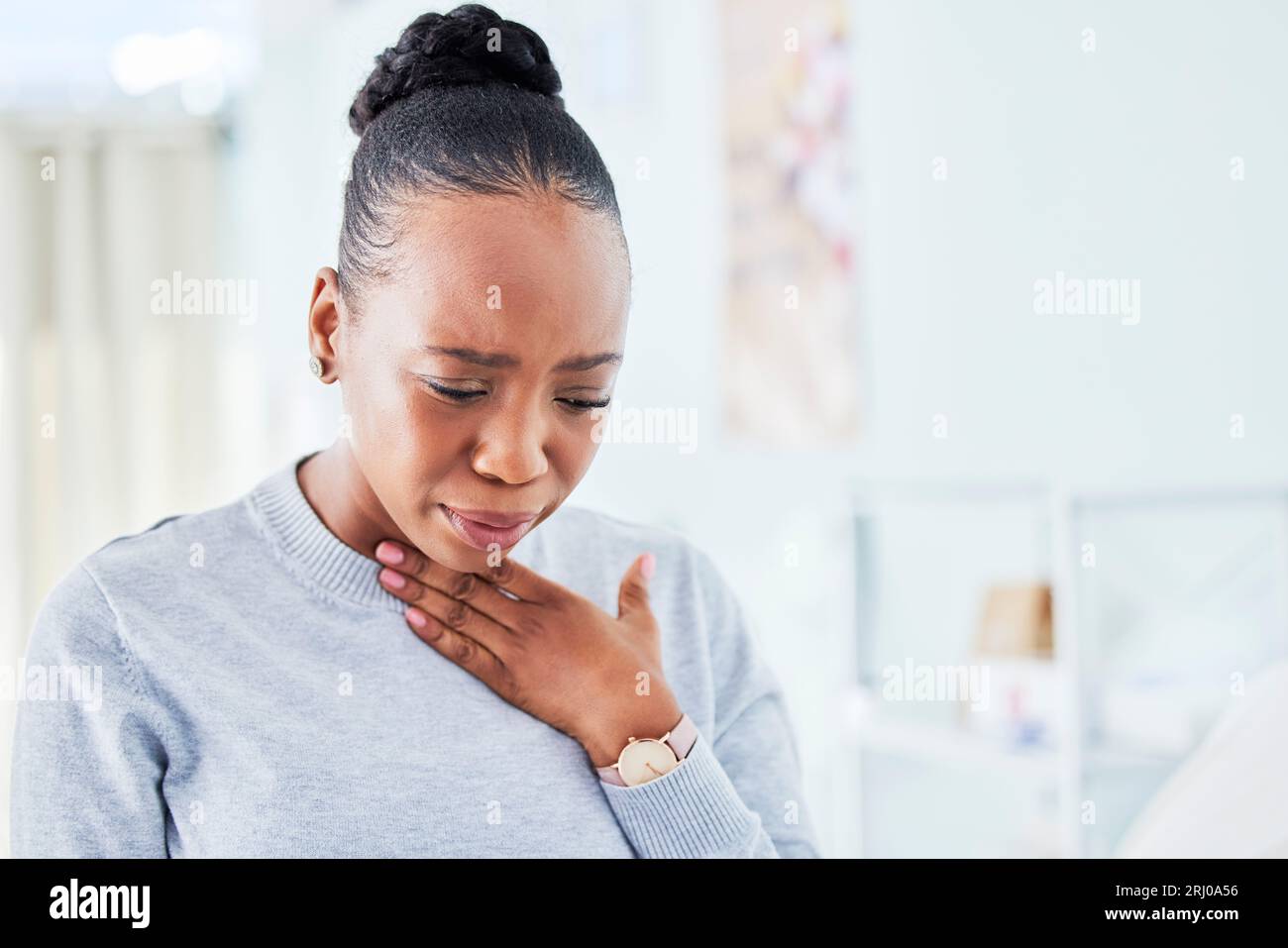 Sick, chest and black woman with sore throat at home for influenza