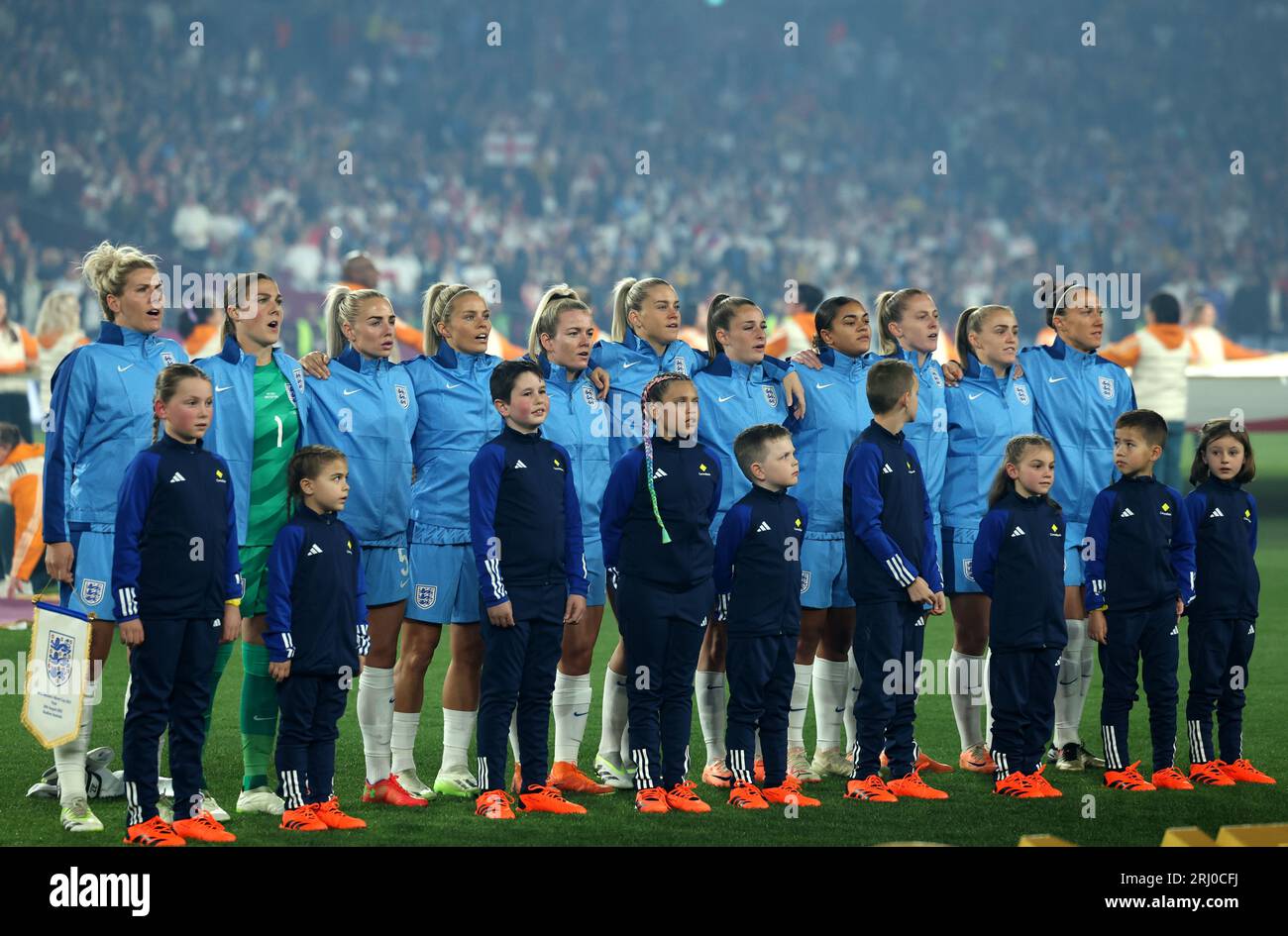 England line up for the national anthems prior to the FIFA Women's World Cup final match at Stadium Australia, Sydney. Picture date: Sunday August 20, 2023. Stock Photo