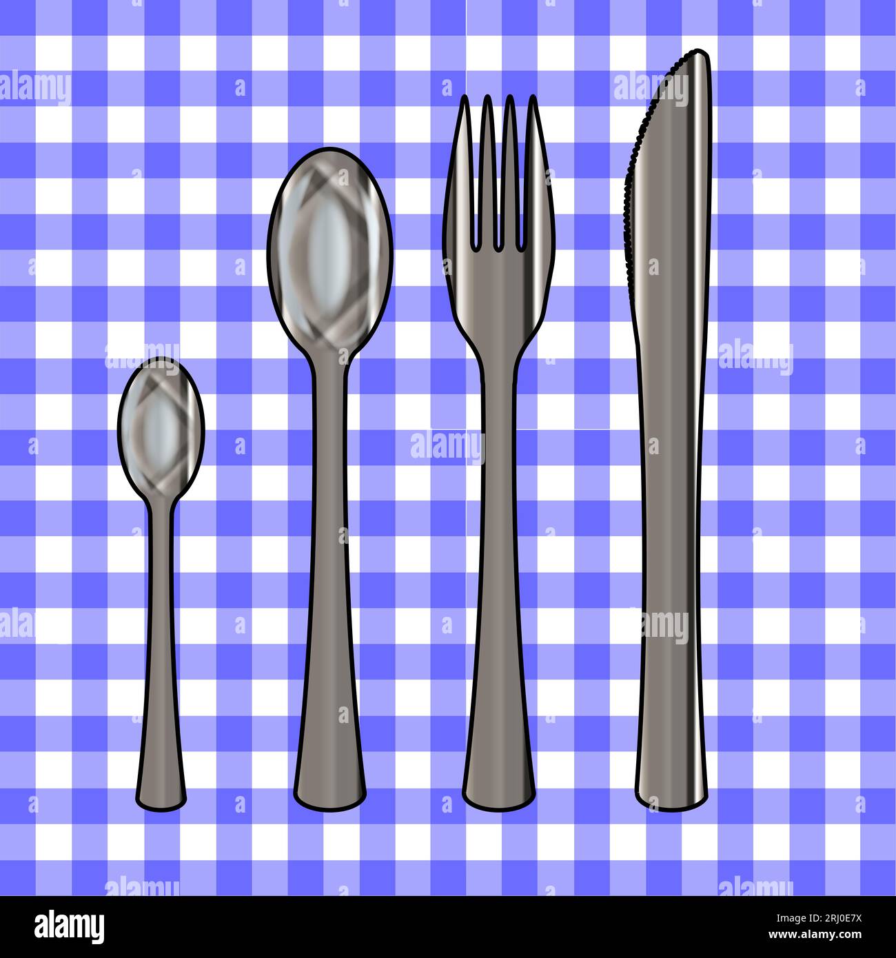 The pattern of a blue gingham table cloth set with a set of eating ...