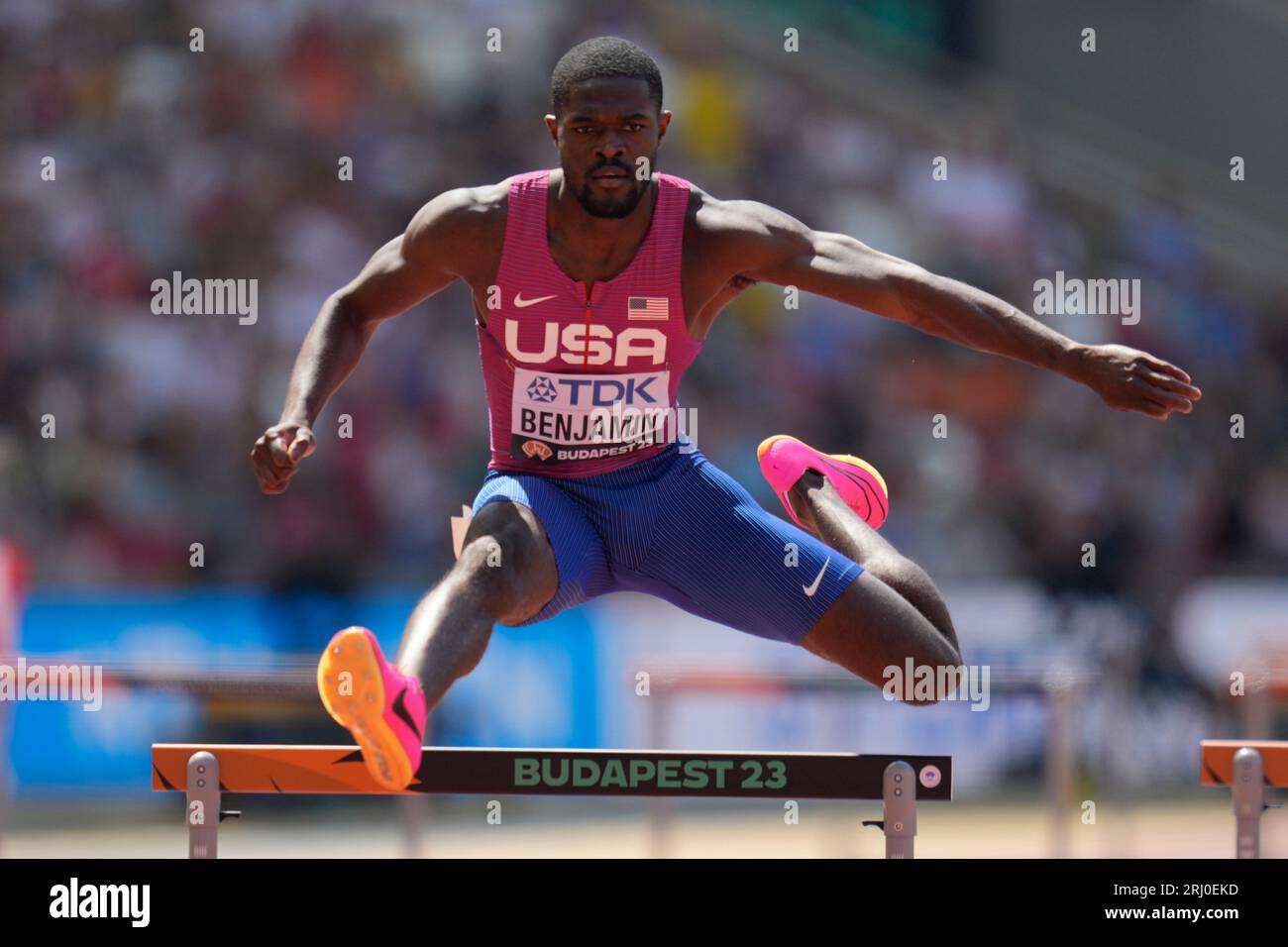 Rai Benjamin, of the United States, competes in the Men's 400-meters ...