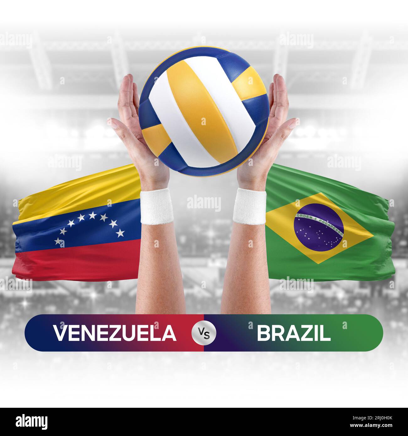 Venezuela vs Brazil national teams volleyball volley ball match competition concept. Stock Photo