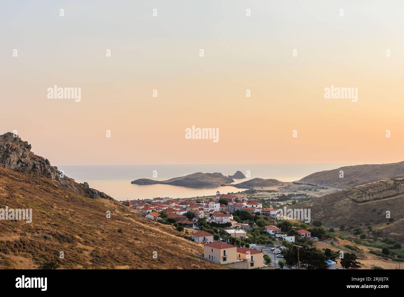 Sunset view to Aegean sea Lemnos or Limnos island Greece ideal for summer vacation. Stock Photo