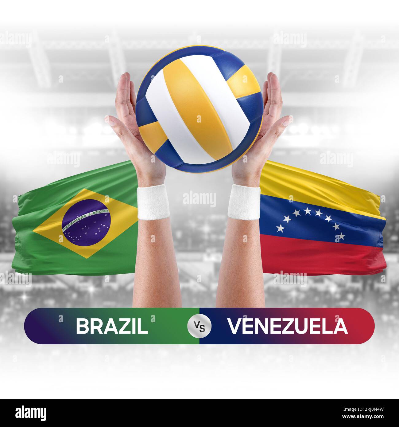 Brazil vs Venezuela national teams volleyball volley ball match competition concept. Stock Photo