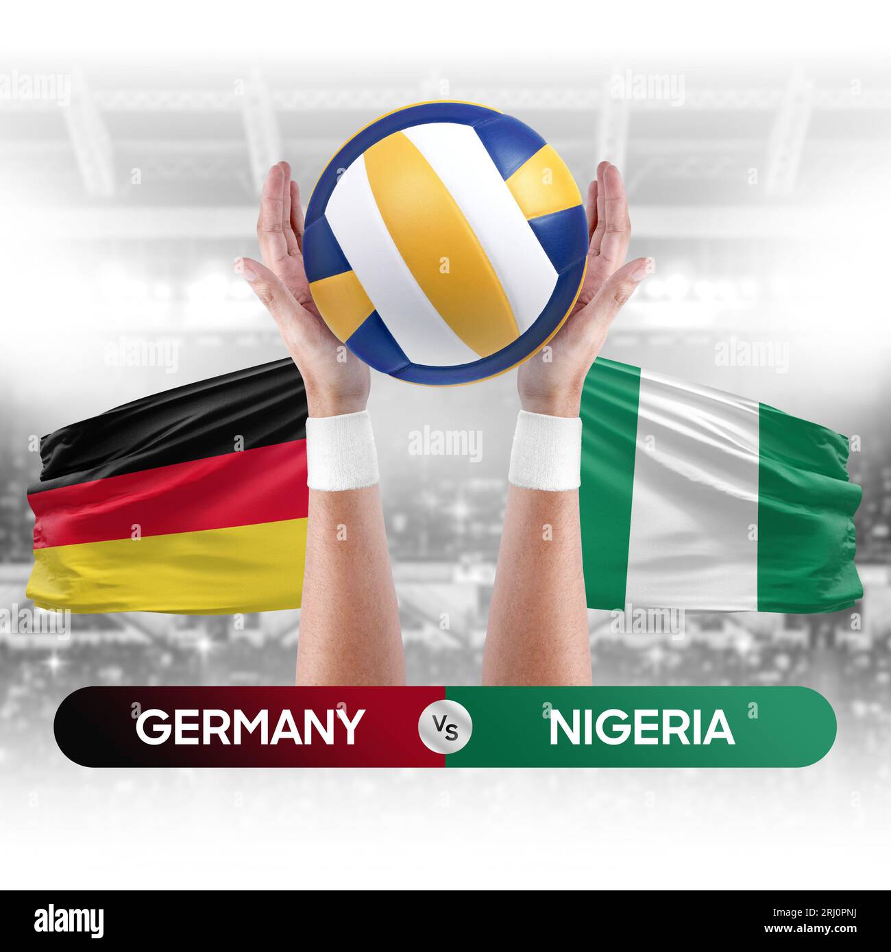 Germany vs Nigeria national teams volleyball volley ball match competition concept. Stock Photo