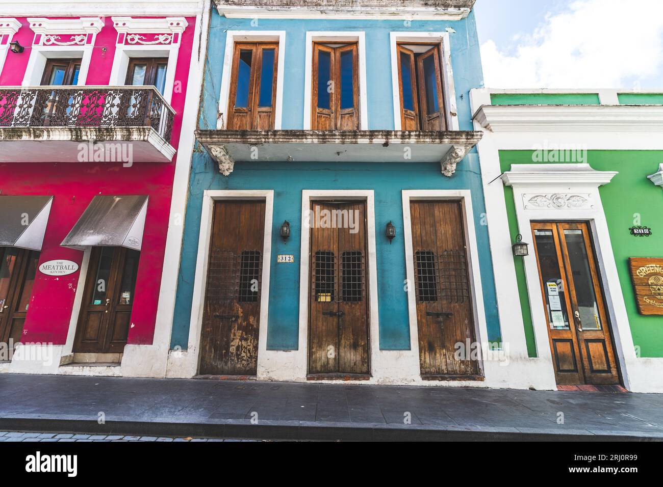 colorful historic buildings and wooden doors Old San Juan, Puerto Rico ...