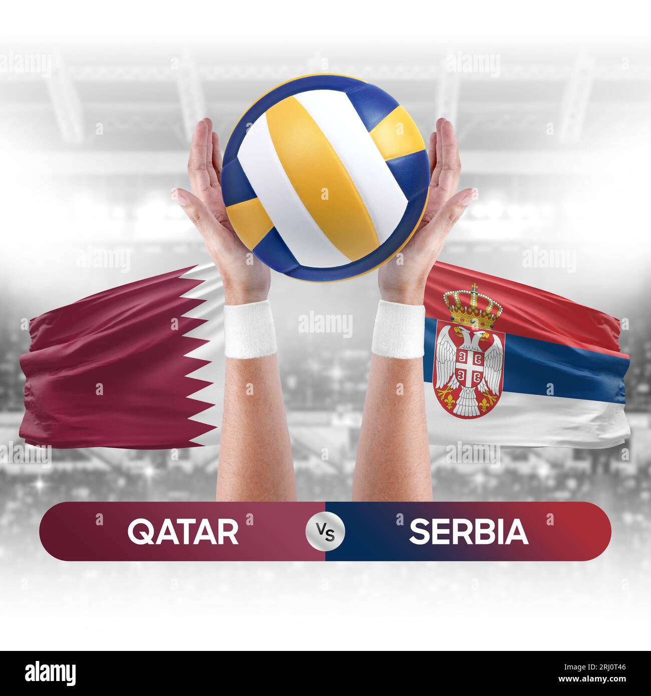 Qatar vs Serbia national teams volleyball volley ball match competition concept. Stock Photo