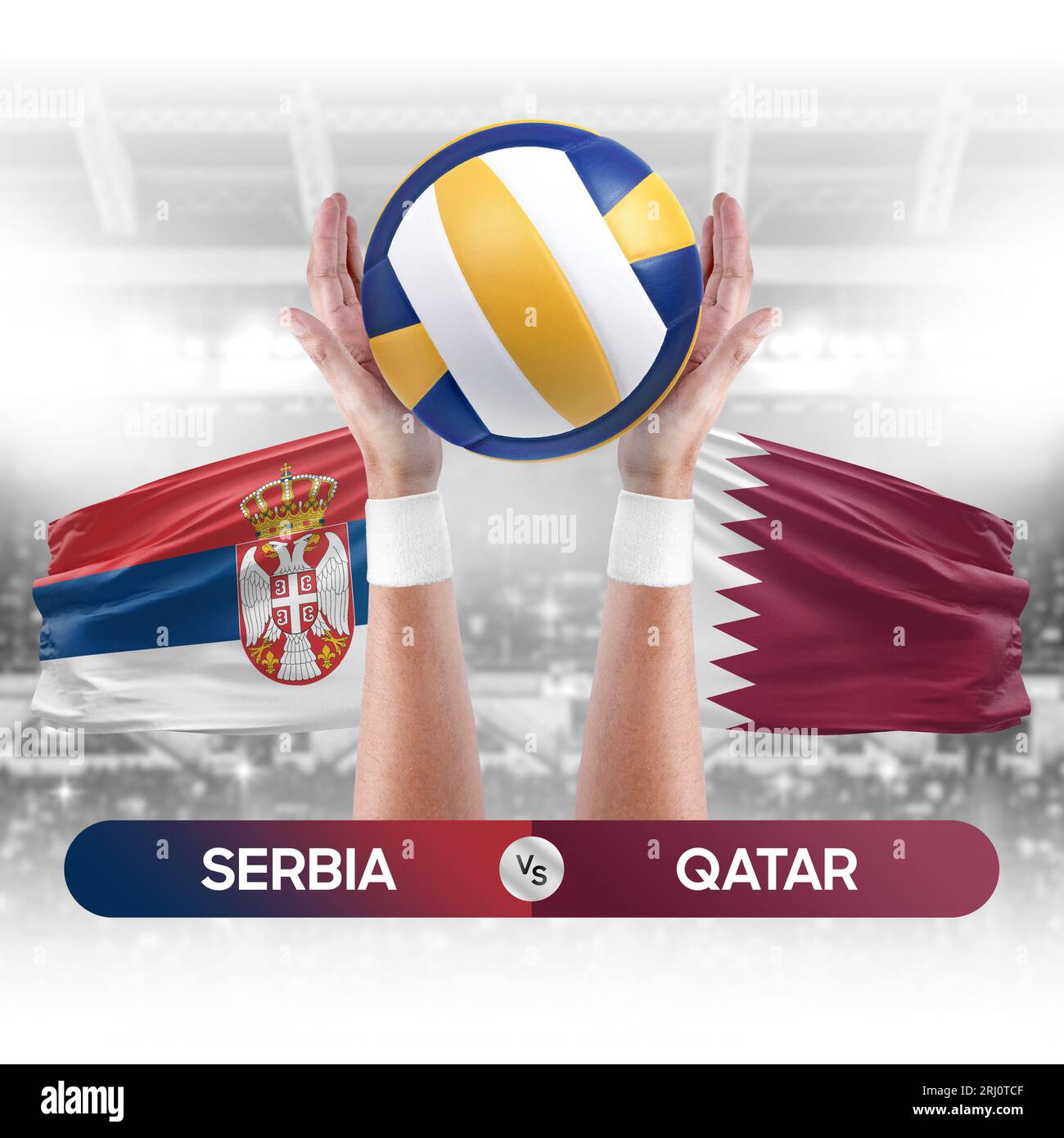 Serbia vs Qatar national teams volleyball volley ball match competition concept. Stock Photo