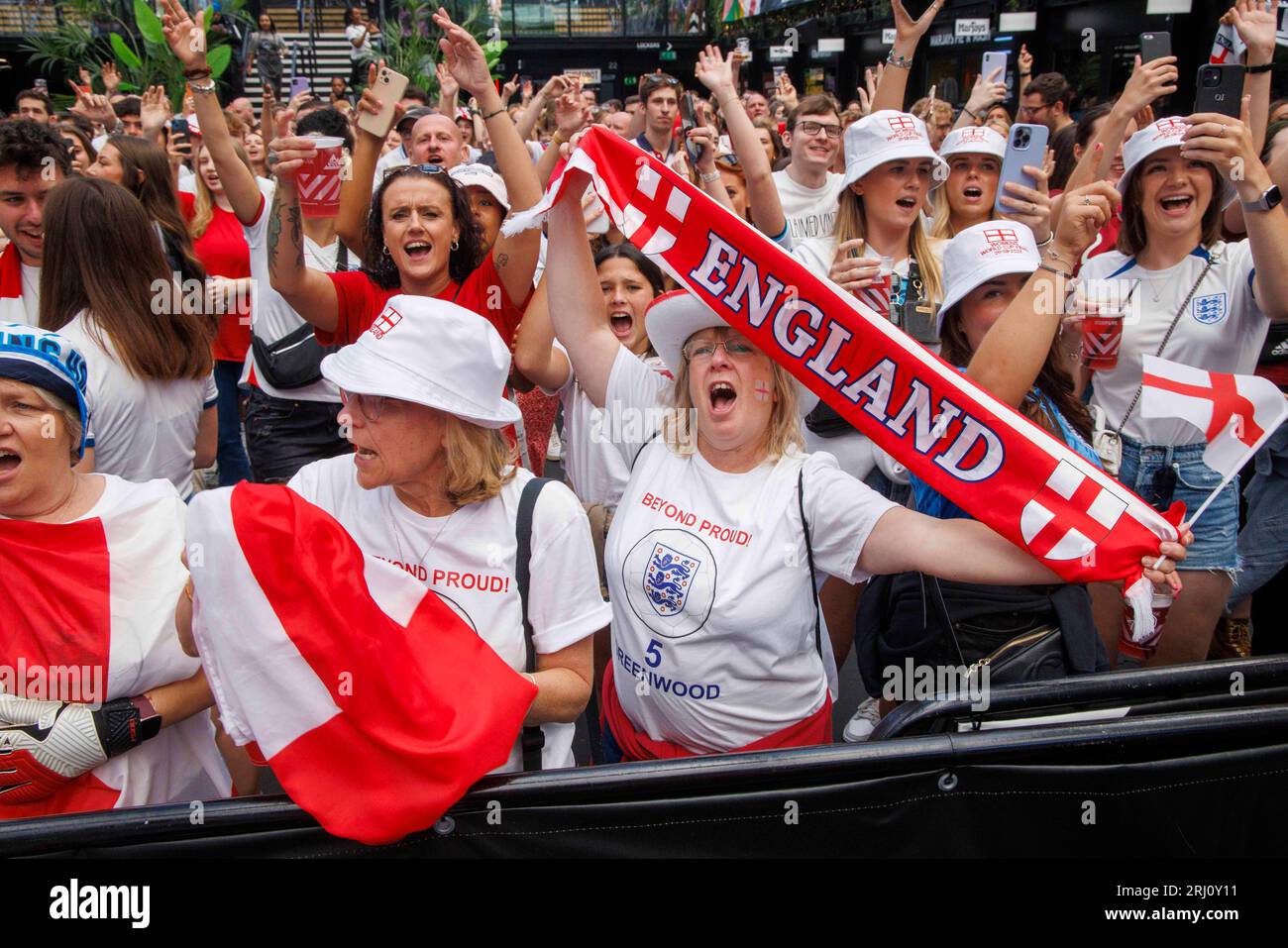 London, UK. 20th Aug, 2023. Fans at the Boxpark in Croydon, as England play in the Women's World Cup final. England face Spain in the women's World Cup Final in Sydney, Australia. It is the first time, since 1966, that an England football team has reached a World Cup final. Credit: Mark Thomas/Alamy Live News Stock Photo
