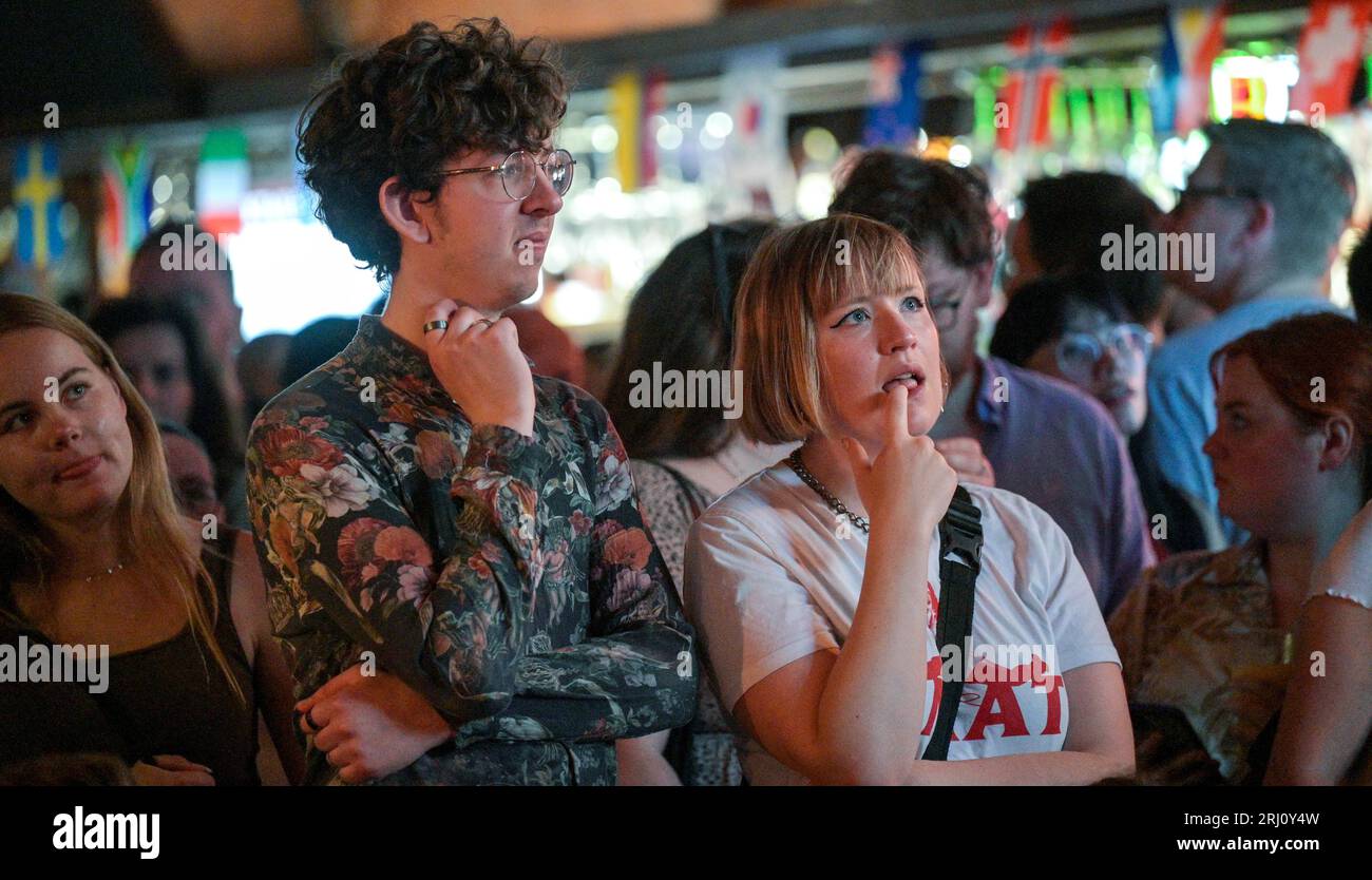 Brighton UK 20th August 2023 - Tense moments  as England fans watch the first half in the King & Queen pub in Brighton as England take on Spain in the Women's World Cup Final in Australia   : Credit Simon Dack / Alamy Live News Stock Photo
