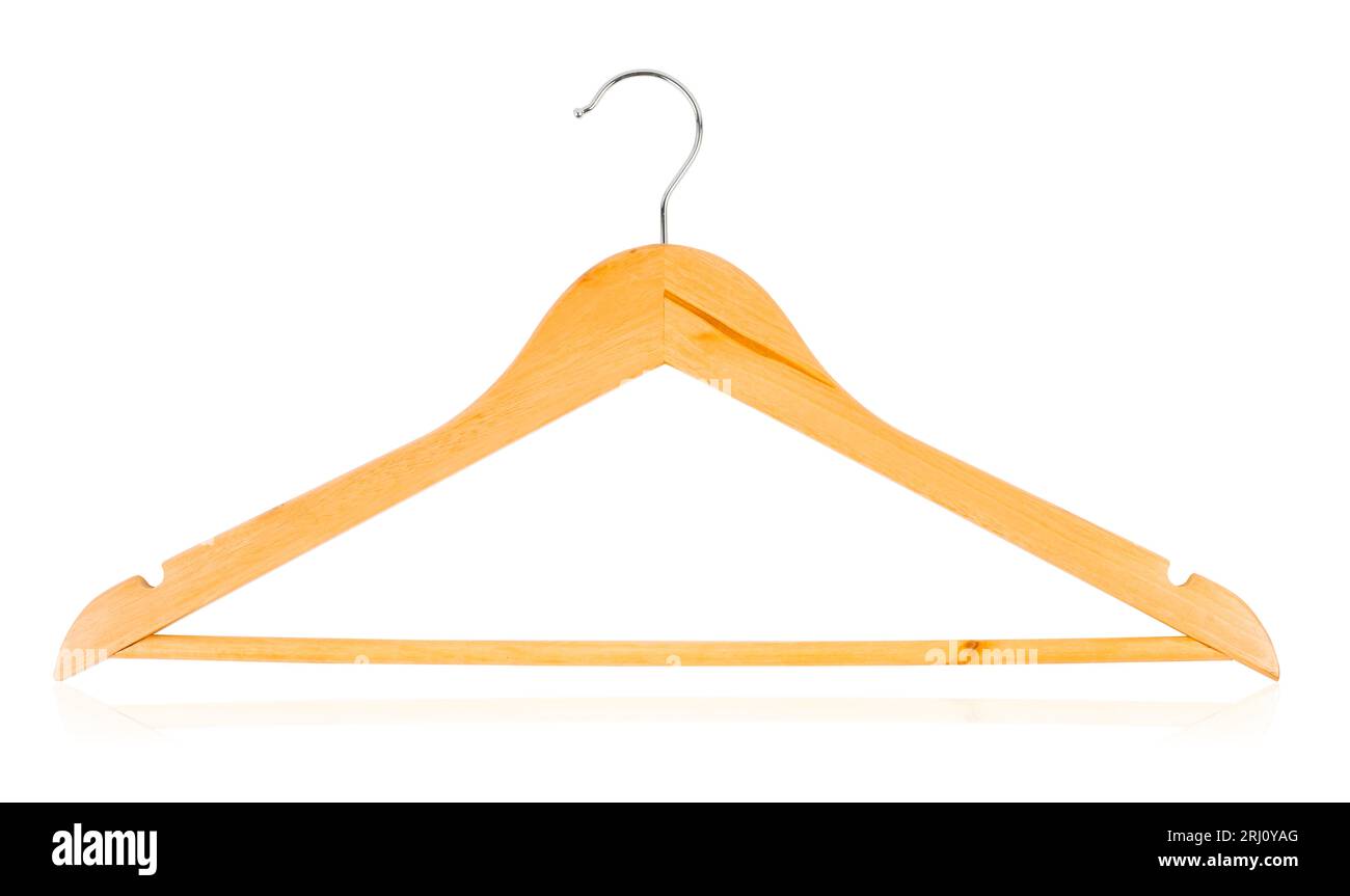 Empty Wooden Coat Hanger isolated white background, Saved clipping path. Stock Photo
