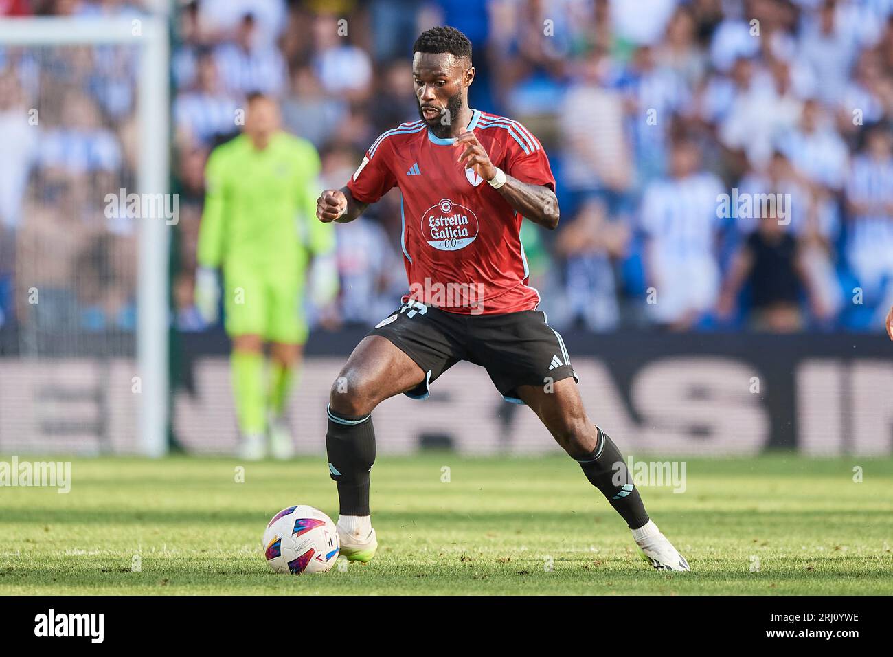 Jonathan Bamba of RC Celta in action during the La Liga EA Sports match between Real Sociedad and RC Celta at Reale Arena on August 19, 2023, in San S Stock Photo