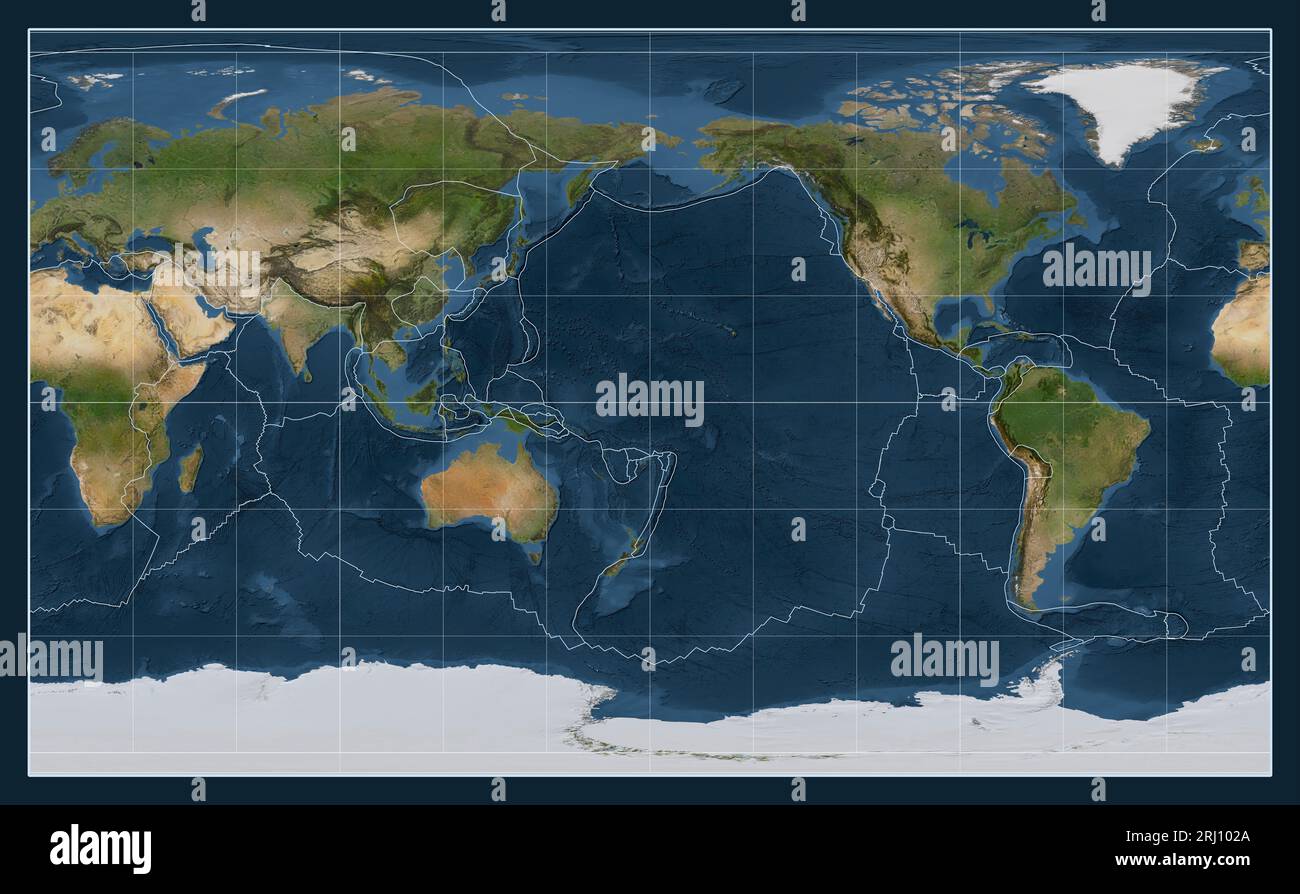 Tectonic plate boundaries on a satellite map of the world in the ...