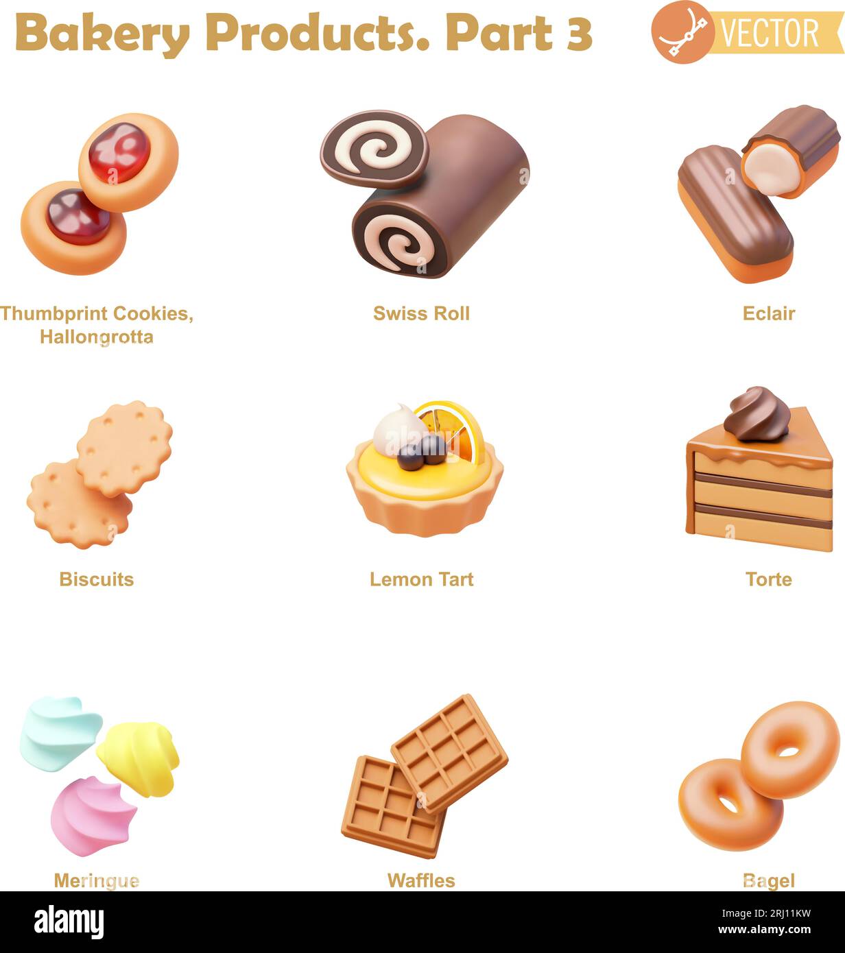 Vector bakery and pastry products icon set. Thumbprint cookies, Swiss ...