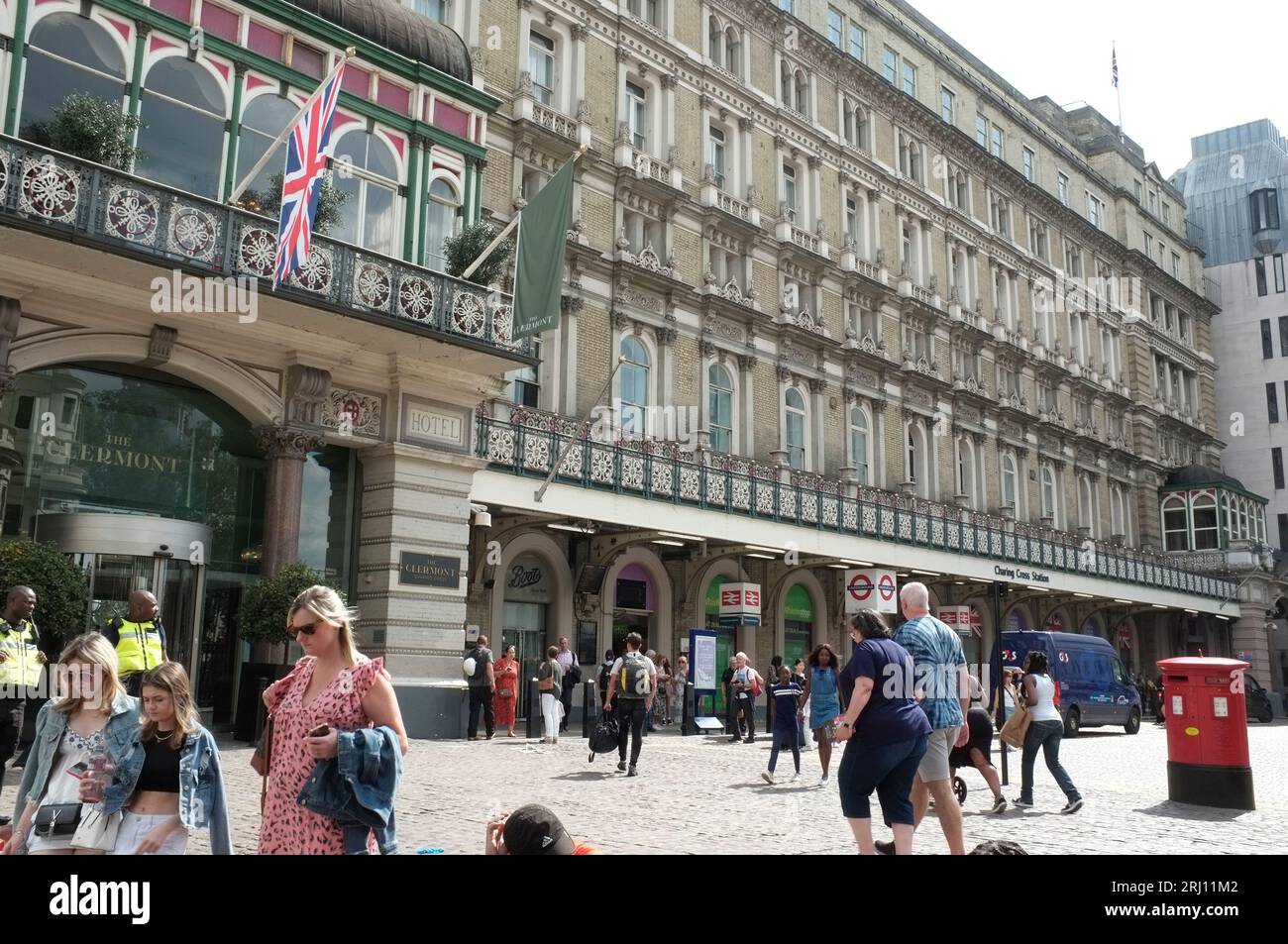 outside charing cross station,  and The Clermont Hote London UK Stock Photo